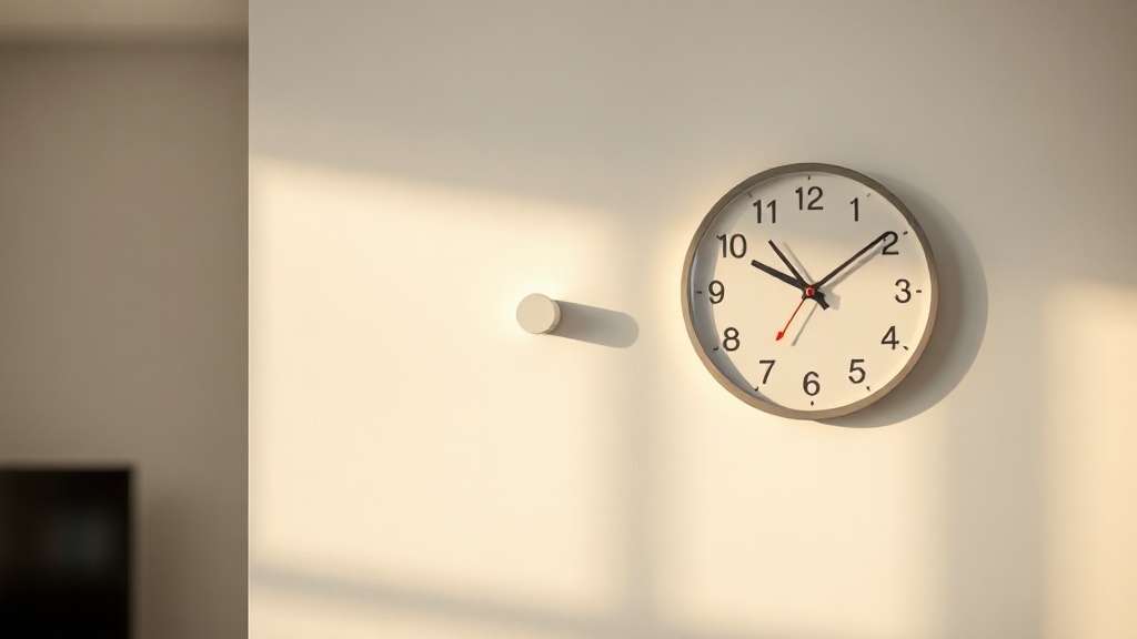Adhesive strip hook on white wall beside a lightweight acrylic clock, illustrating renter-friendly hanging method