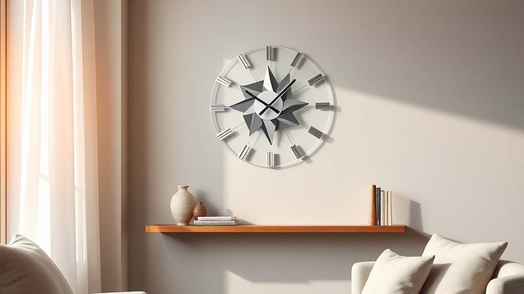 Modern art acrylic wall clock with geometric dial on a light grey living room wall