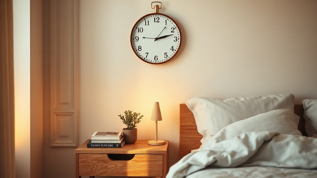 Scandinavian bedroom interior with a silent sweep movement wall clock mounted above a nightstand