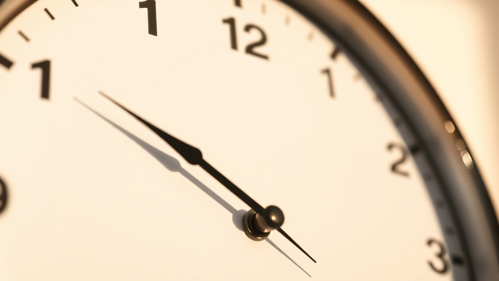 Close-up of sweep movement clock hands gliding smoothly on a minimalist white clock face