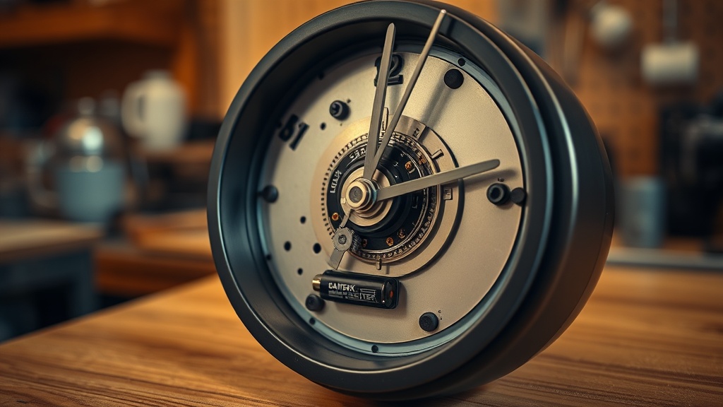 Back of a quartz wall clock showing the sweep movement motor and battery compartment