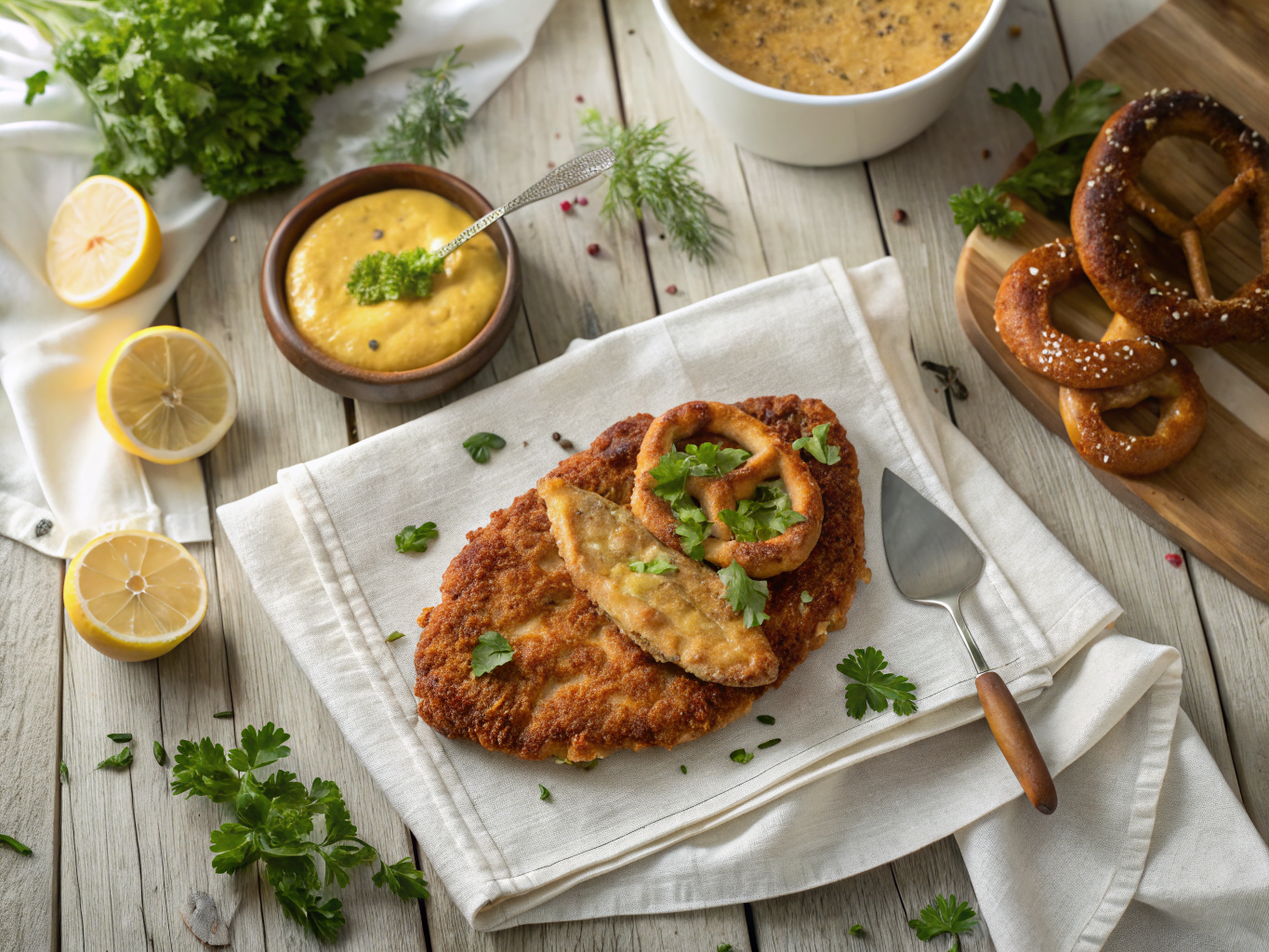 Bavarian Pork Schnitzel with Pretzel Crust and Sweet Mustard Sauce