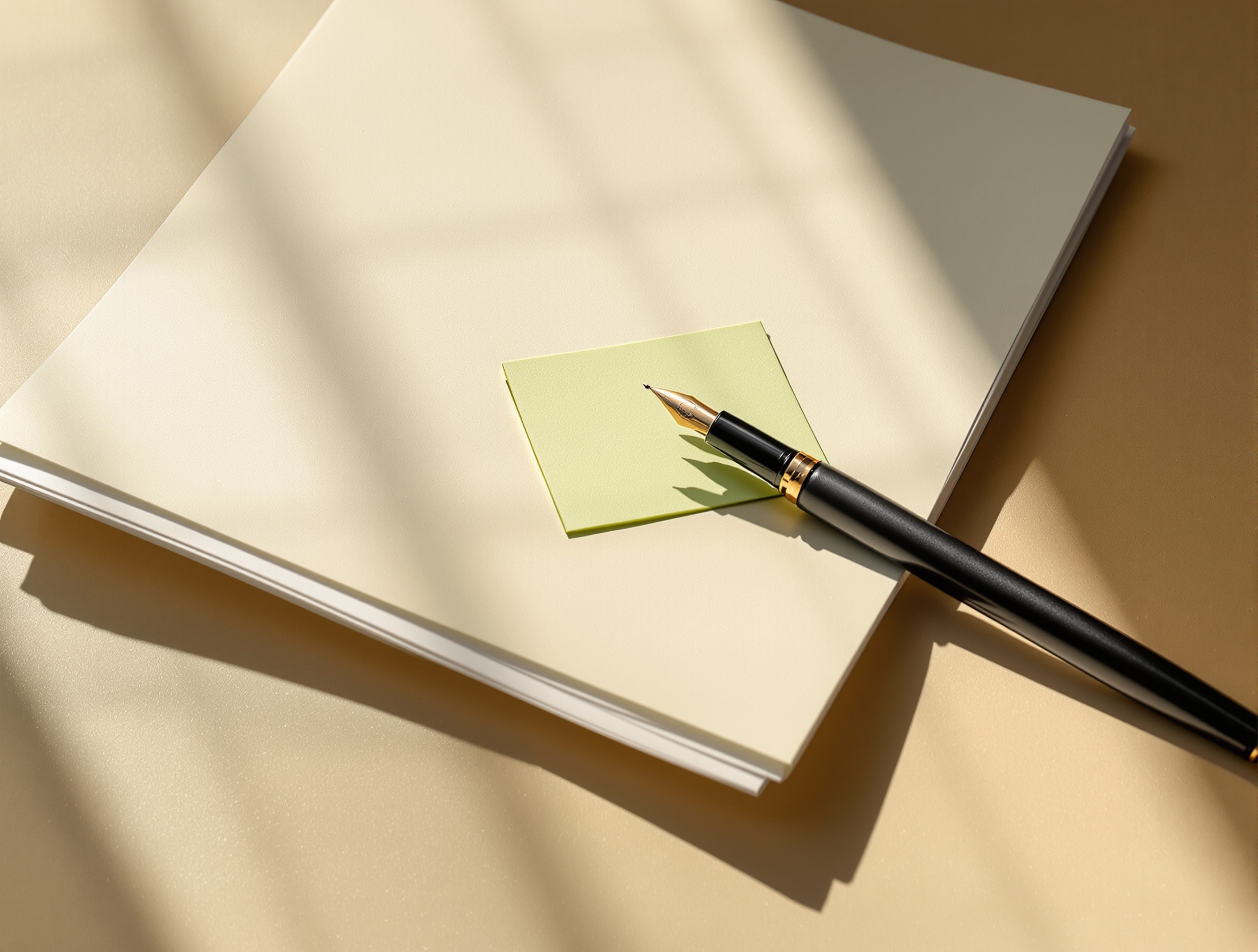 Fountain pen on research papers with a green sticky note, symbolizing InkieAI's research-backed content strategy.
