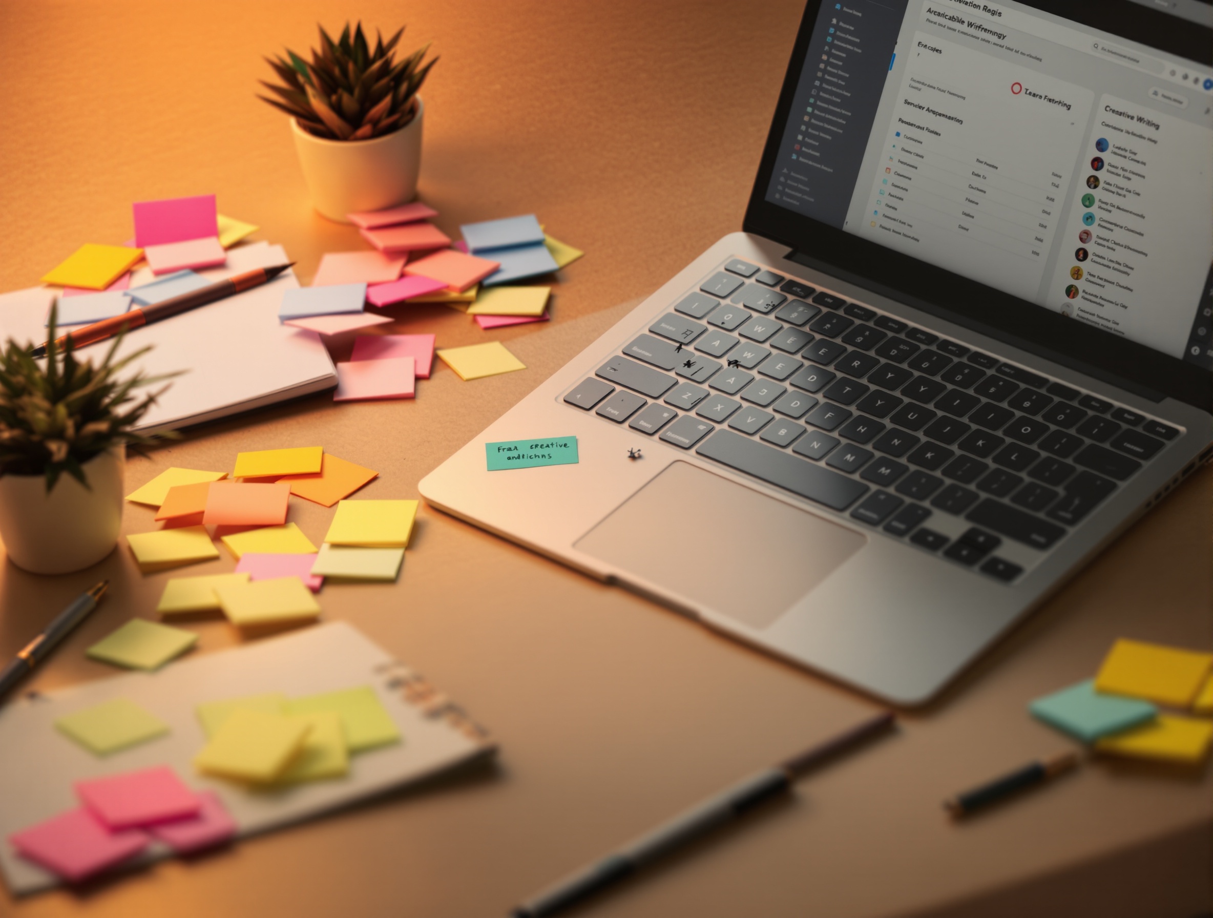 Laptop with creative writing interface and sticky notes, representing Copy.ai's versatile content generation capabilities.