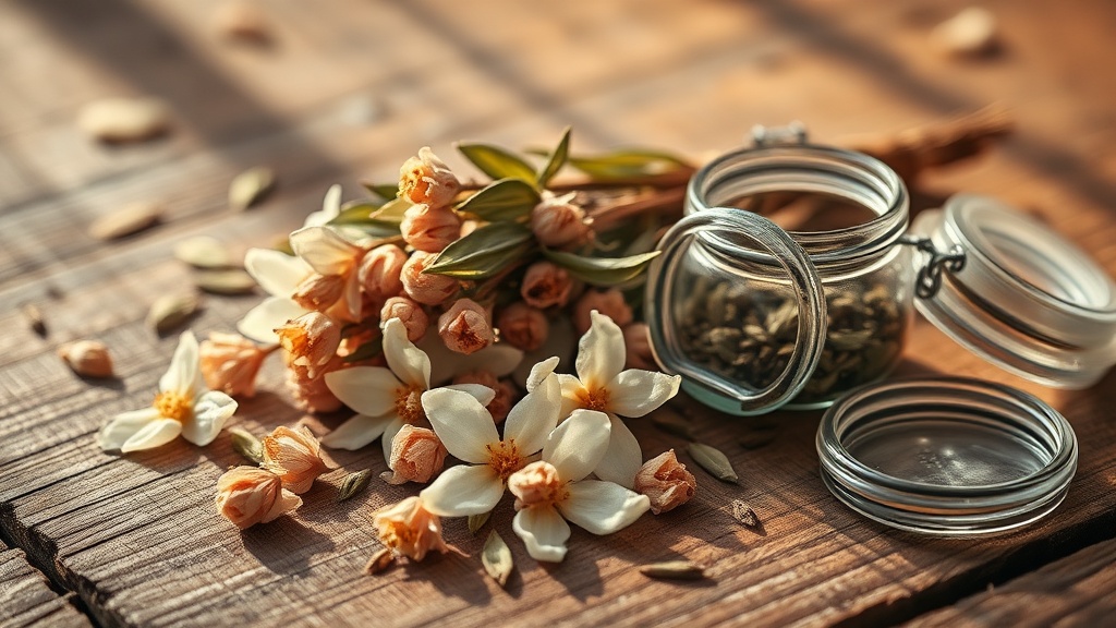 Fleurs de jasmin séchées et feuilles de thé vert disposées sur bois ancien pour le thé au jasmin