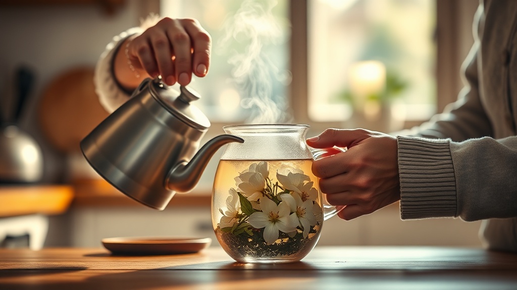 Main versant de l'eau chaude dans une théière en verre avec des fleurs de jasmin qui s'épanouissent