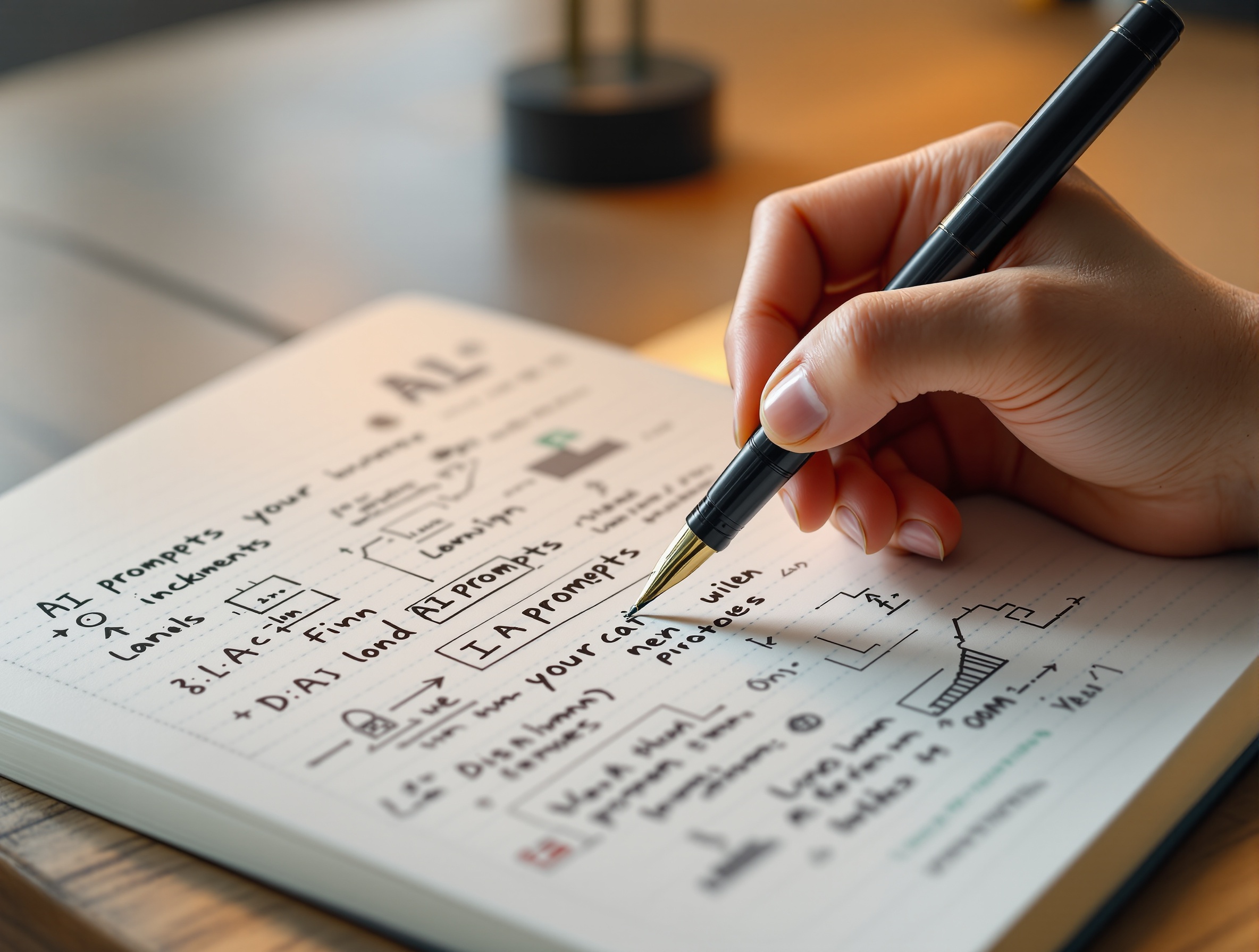 Hand writing AI prompts in a notebook, symbolizing prompt engineering for AI persona creation.