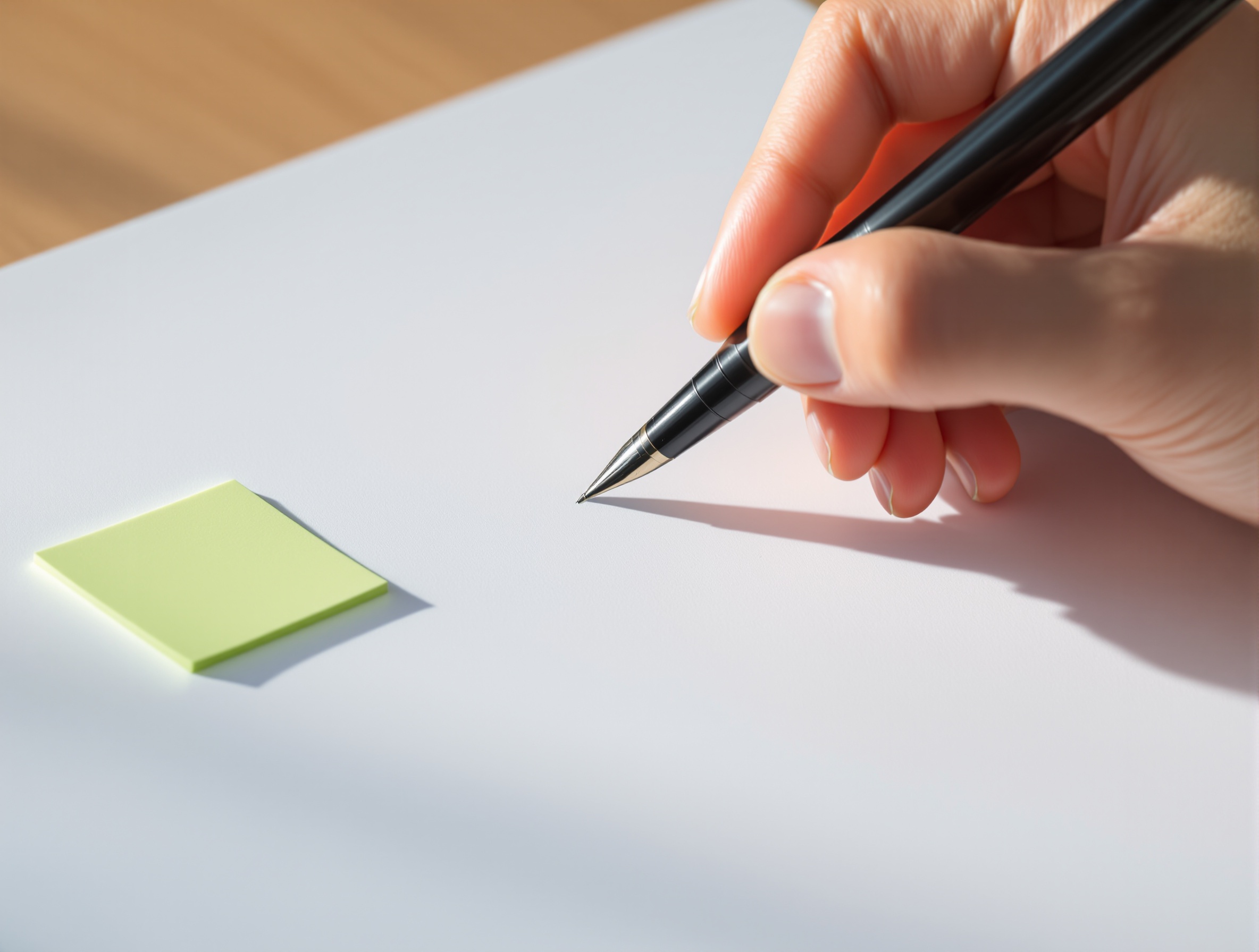 Hand with fountain pen and sticky note, symbolizing planning for objective hiring.