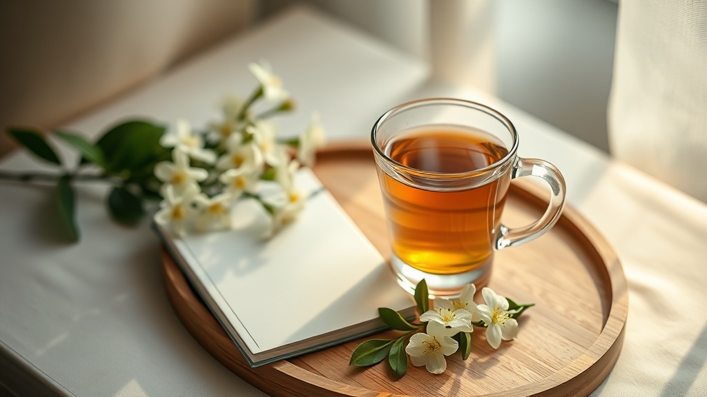 Verre de thé au jasmin posé sur un plateau en bois avec des fleurs fraîches pour une pause du soir