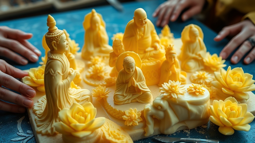 Sculpture en beurre de yak représentant des figures bouddhistes, tradition artisanale du monastère de Kumbum