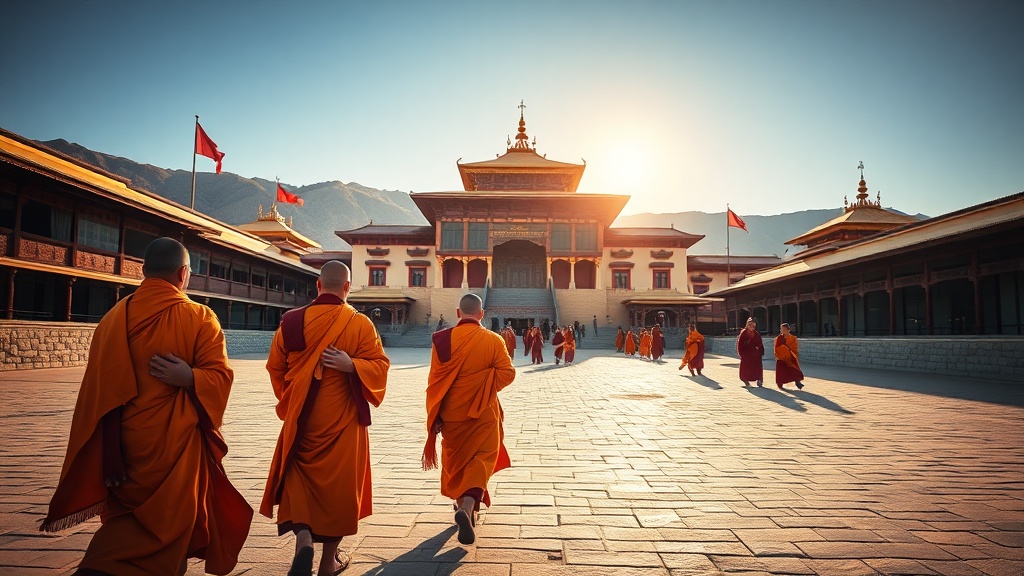 Moines tibétains dans la cour du monastère de Kumbum, Qinghai, Chine