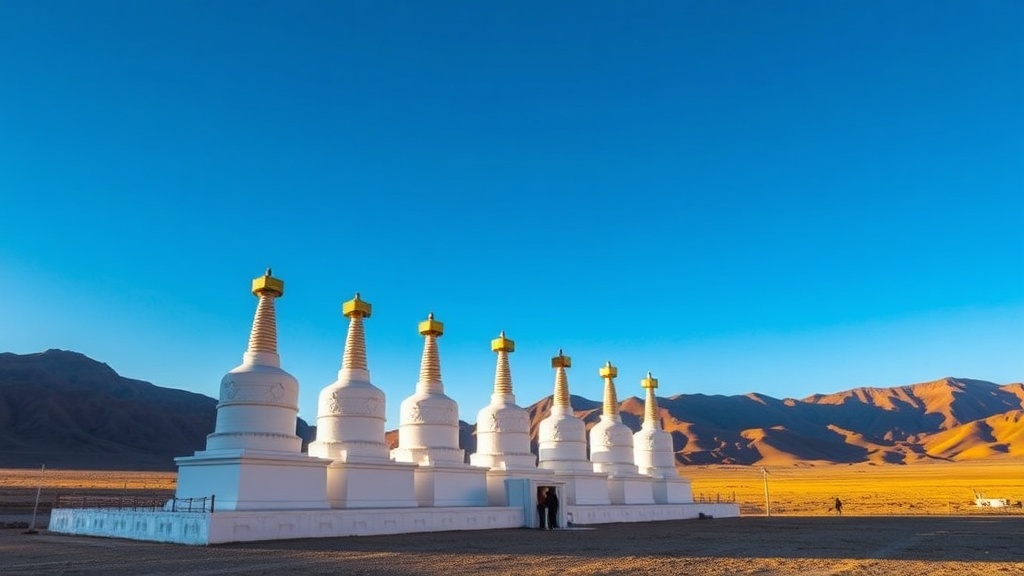 Les huit chörtens blancs à l'entrée du monastère de Kumbum, Qinghai