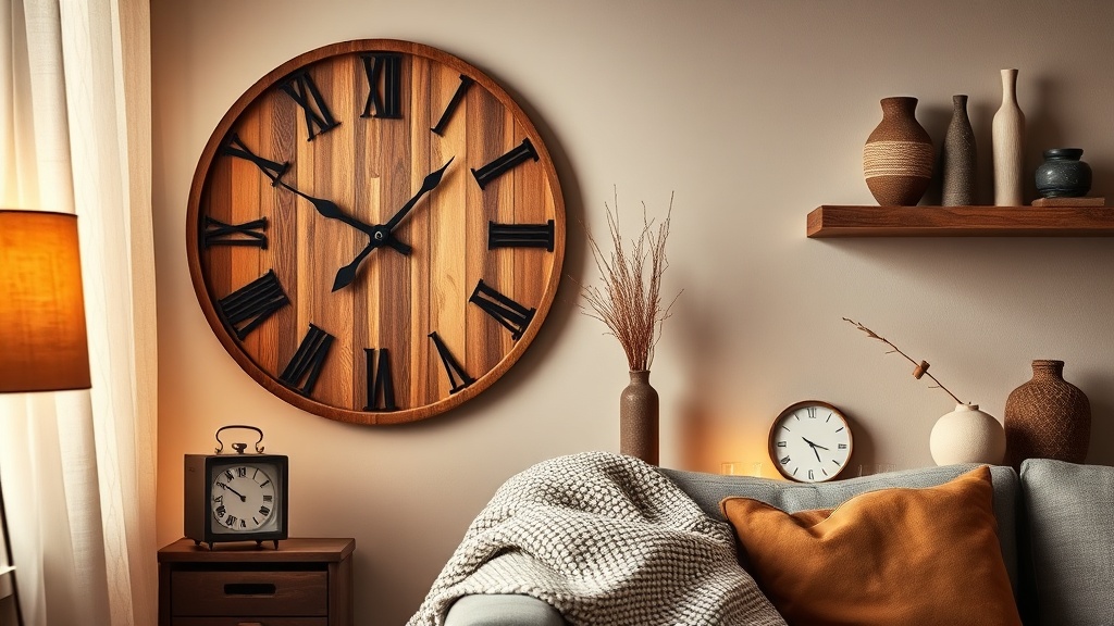 Living room styled with both a wooden wall clock and a metal clock on a shelf, mixing Scandinavian and industrial aesthetics