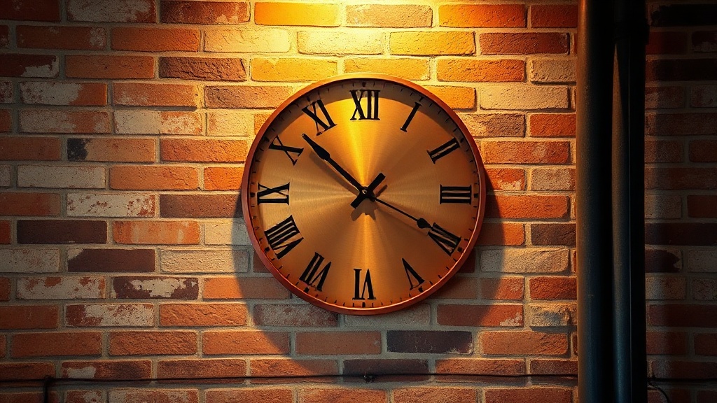 Industrial copper-red metal wall clock mounted on exposed brick wall in a loft-style interior