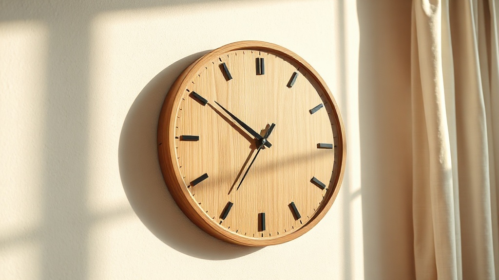 Natural bamboo wooden wall clock with visible grain texture hanging on a white wall in a Scandinavian bedroom