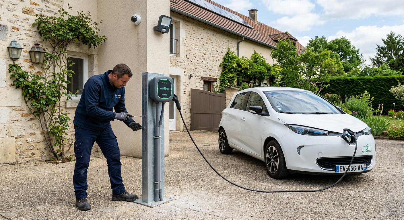 Borne de recharge électrique IRVE installée dans une cour de maison individuelle avec un installateur en train de vérifier la fixation, sous jour.