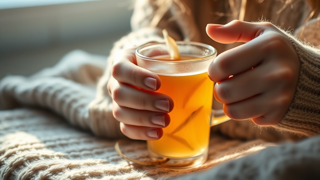 Tasse de thé au gingembre dorée tenue entre deux mains au chaud, vapeur montante