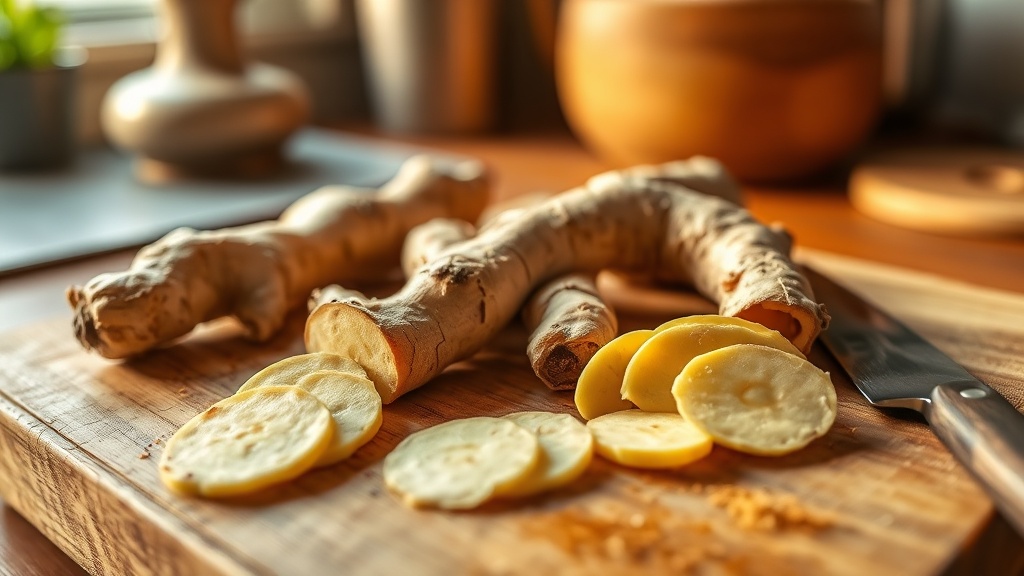 Racine de gingembre frais tranché finement sur une planche en bois pour préparer une infusion