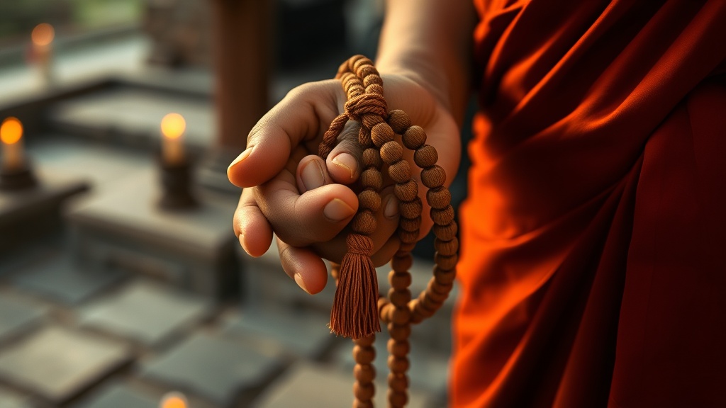 Mains d'un moine tenant un mala en bois lors d'une cérémonie bouddhiste au temple