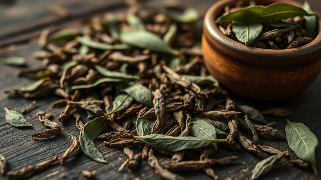 Feuilles de yerba maté séchées en gros plan sur une surface en bois sombre