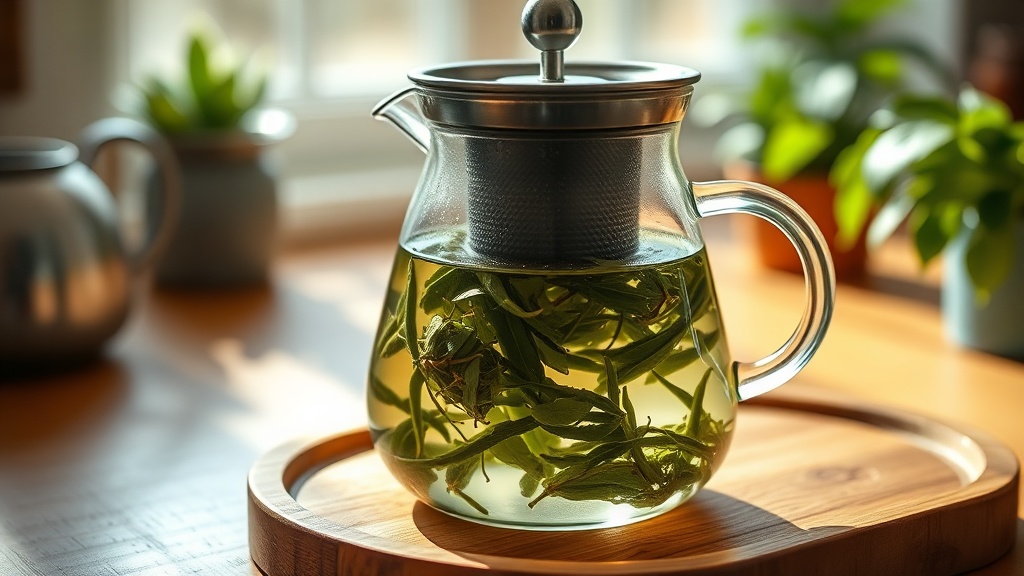 Théière en verre avec infuseur contenant des feuilles de maté en train d'infuser