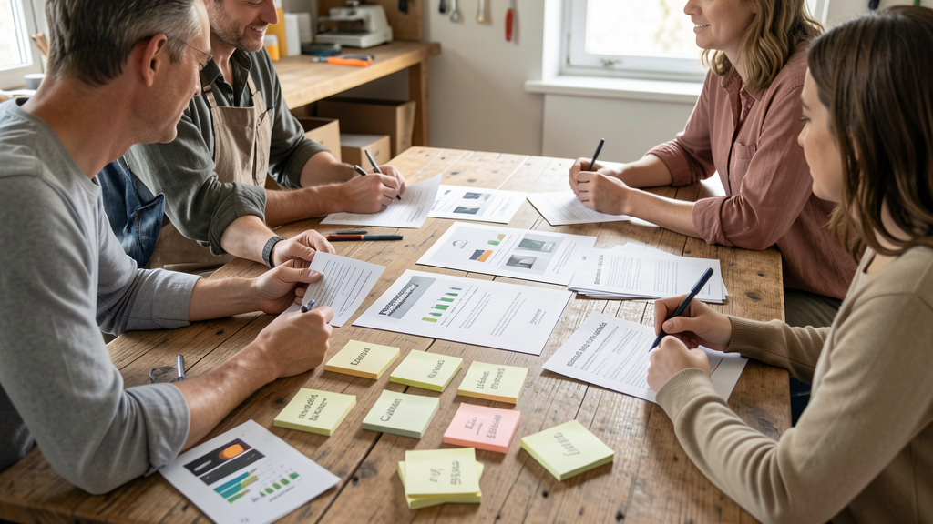 Equipe marchande qui structure un cahier des charges e-commerce autour d'une table de priorisation