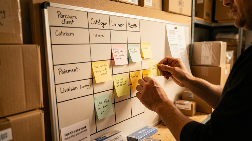 Tableau de priorisation pour cadrer catalogue, paiement, livraison et recette d'un projet e-commerce