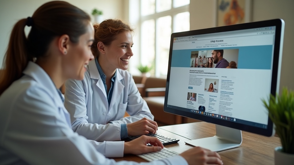 Equipe de consultório brasileiro escolhendo imagens para o blog em um computador na recepção.