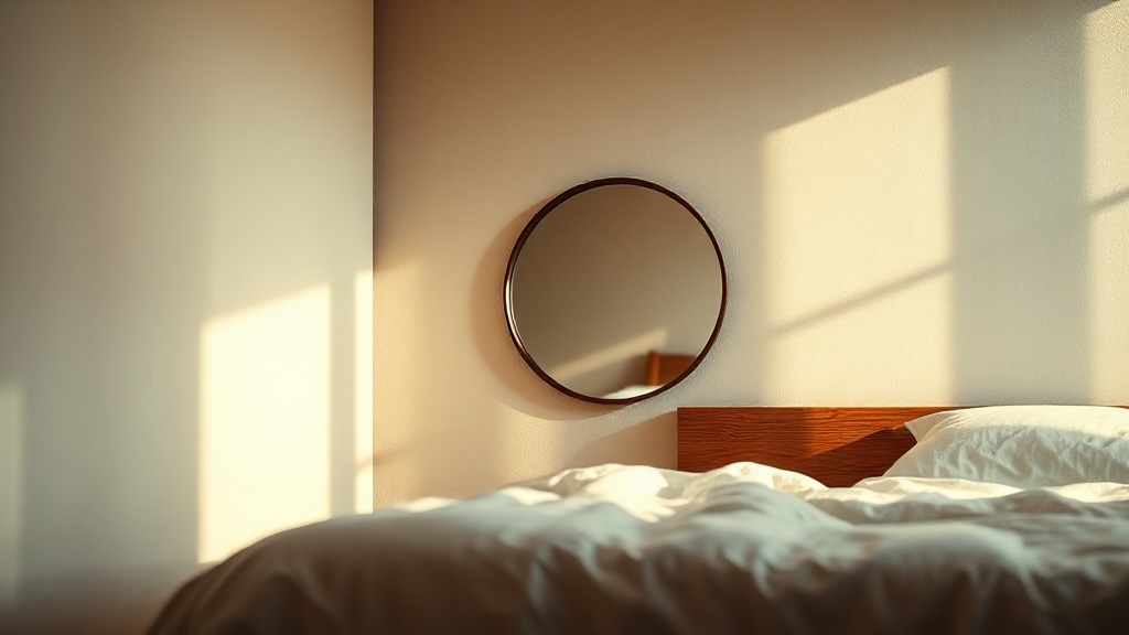 Round wooden mirror positioned beside a bed on a neutral bedroom wall in a minimalist room