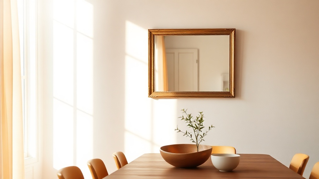 Gold-framed rectangular mirror on a dining room wall reflecting a wooden table and natural greenery