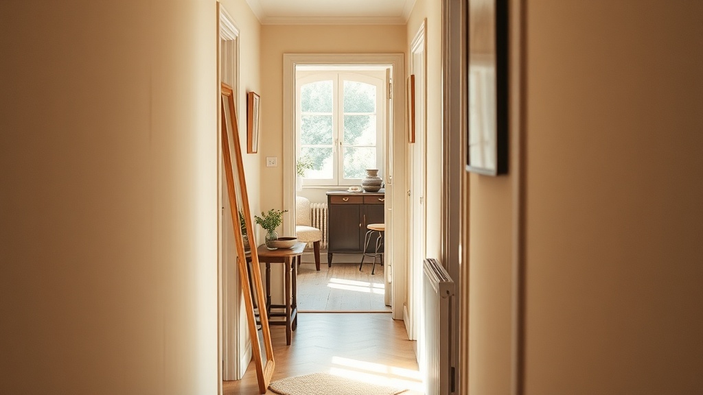 Tall slim mirror in a narrow hallway reflecting natural light and widening the visual space