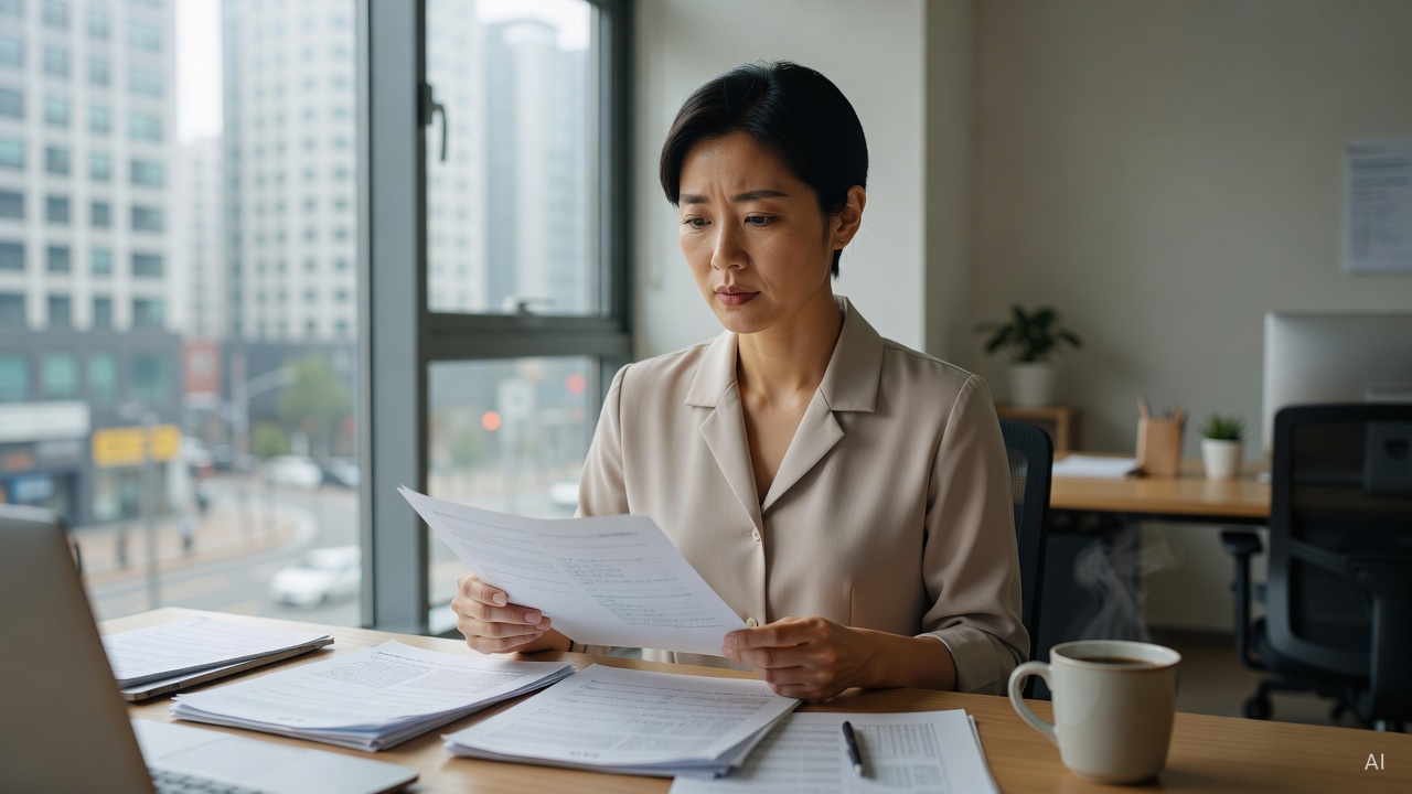Korean woman in her 30s, short black hair, reviewing paper documents at a desk with a cup of coffee