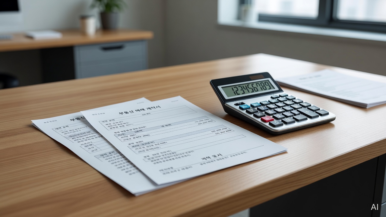 printed real estate contract documents and a calculator placed on a wooden desk