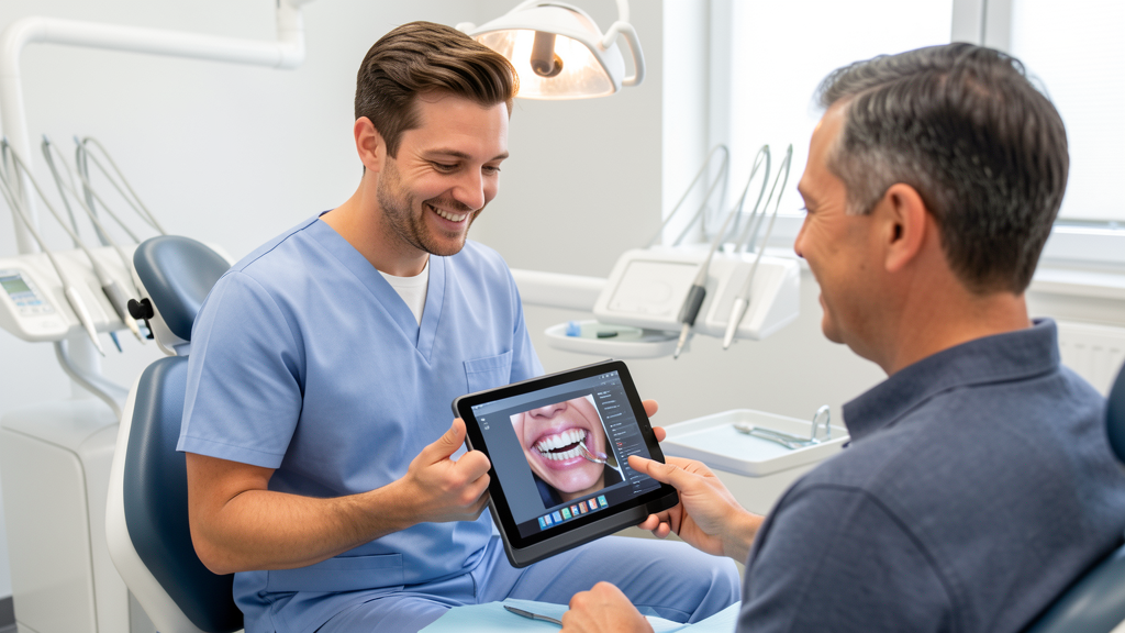Dentist reviewing a digital smile scan with an adult patient