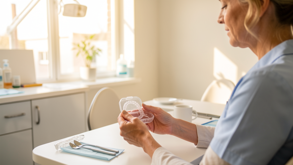 Adult patient holding a clear aligner case during an Invisalign consultation