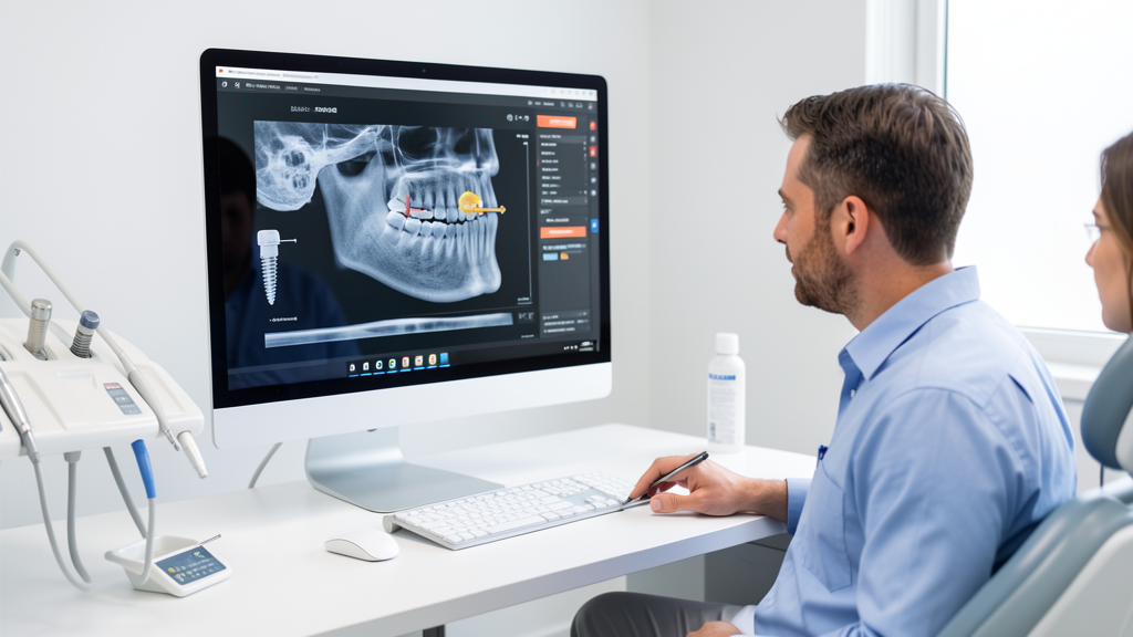 Dentist reviewing a 3D jaw scan during an implant consultation