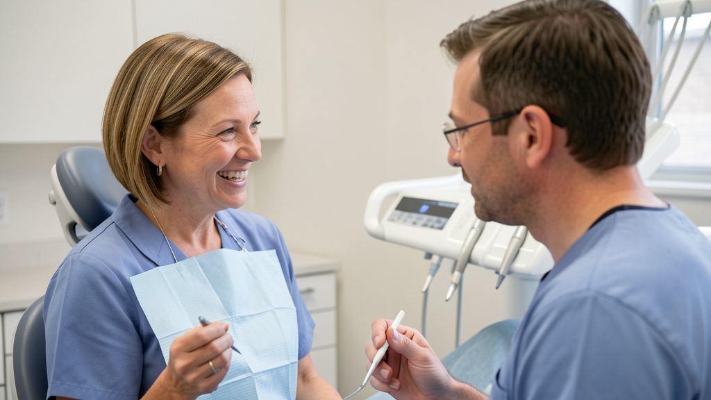 Adult patient talking with a dentist about replacing a missing tooth