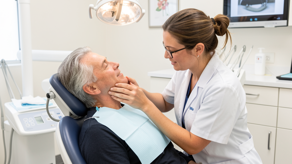 Dentist gently checking jaw muscles during a TMJ evaluation