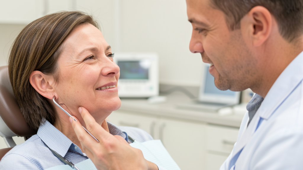 Patient discussing jaw tension and TMJ symptoms with a dentist