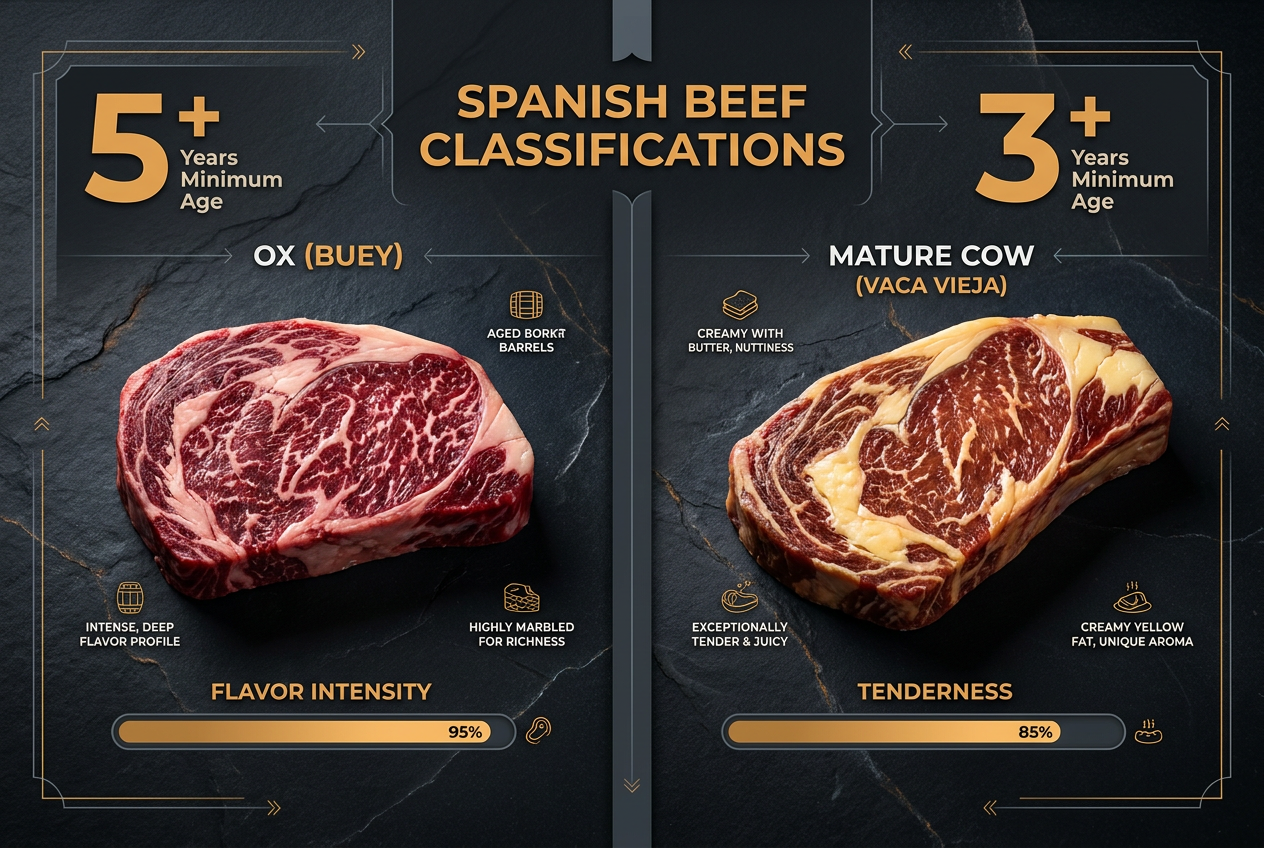 Understanding the hierarchy: while Vaca Vieja is the standard for quality in Barcelona, true Ox (Buey) offers an unparalleled depth of flavor due to its extended maturity.