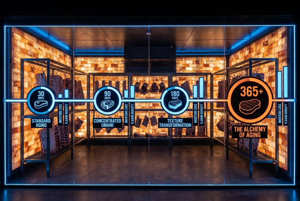 Extreme aging is a science; at 365 days, the beef undergoes a complete molecular transformation, resulting in the 'alchemy' that top Barcelona steakhouses are known for.