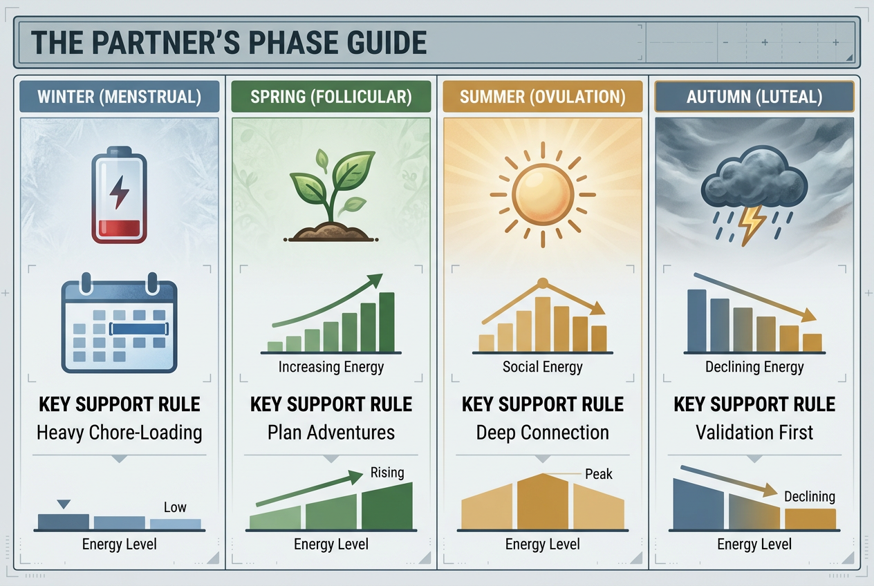A four-panel infographic for men explaining the seasons of the menstrual cycle using battery icons, social energy bars, and support strategies.