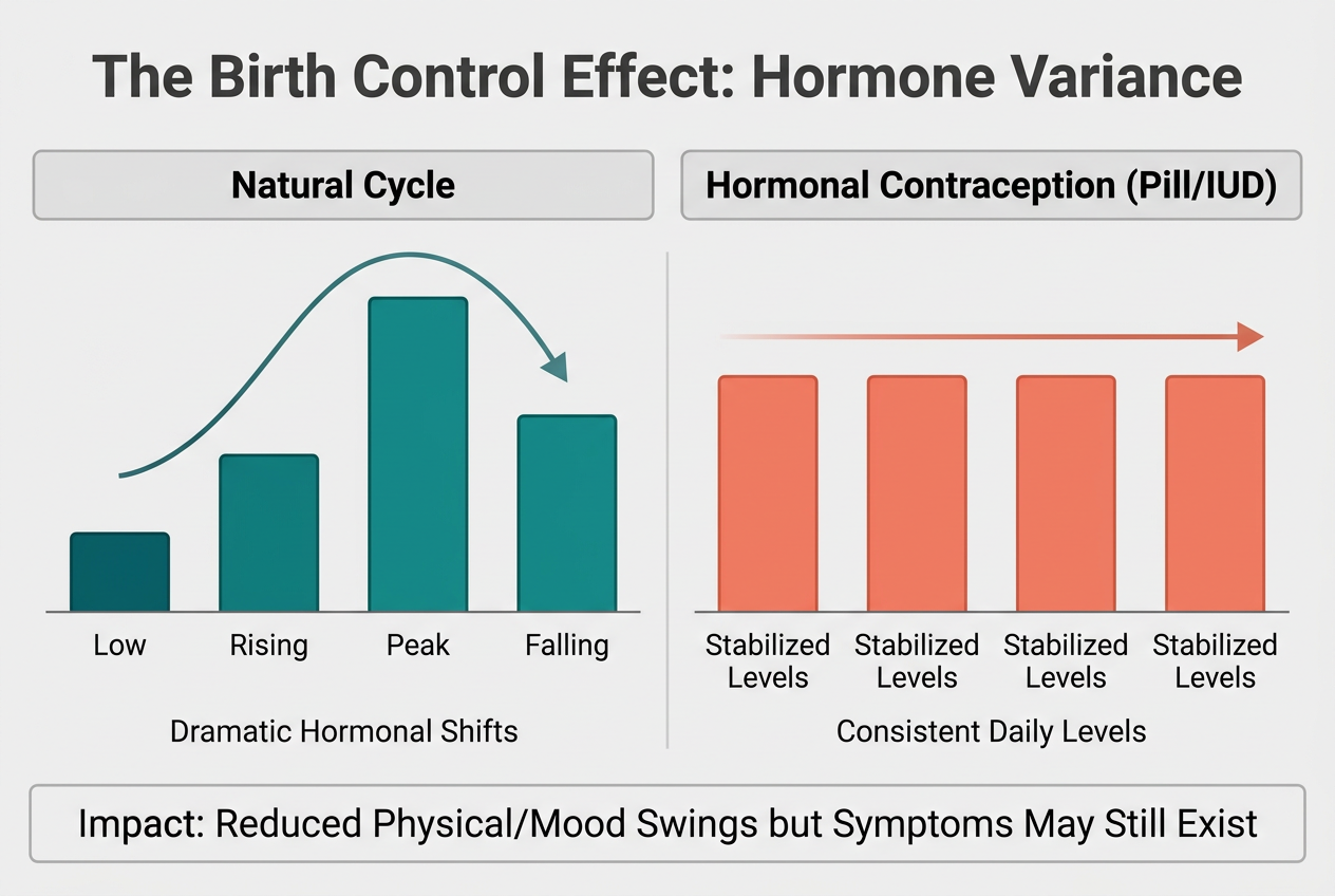 A comparison bar chart showing the difference in hormonal fluctuations between a natural menstrual cycle and a cycle regulated by birth control.