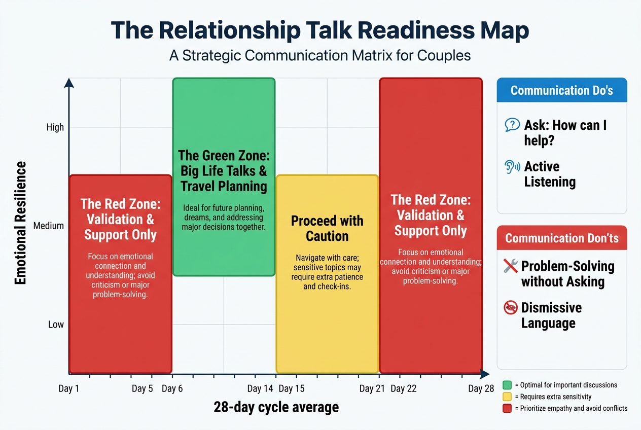 A communication readiness chart for couples showing the best times during the hormonal cycle to have serious life conversations or plan big events.