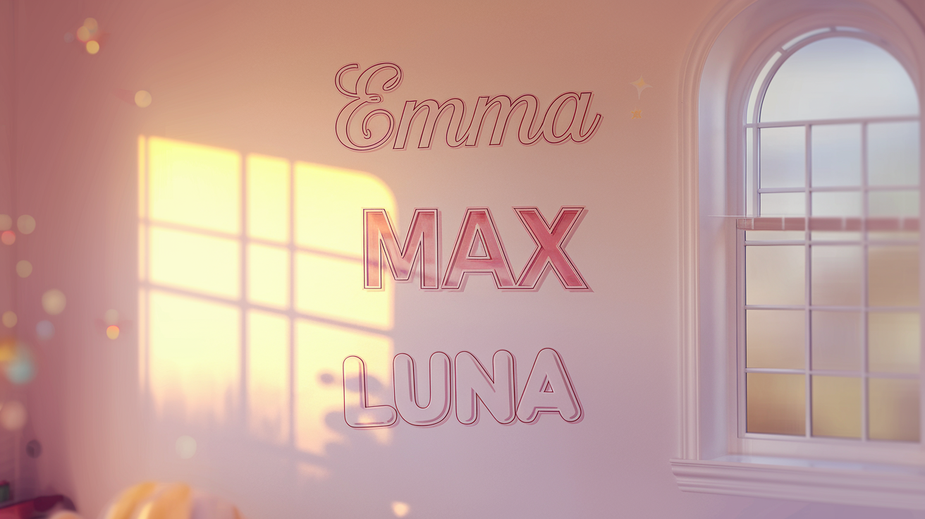 custom name stickers personalization on a child's bedroom wall showing names EMMA MAX and LUNA in different font styles