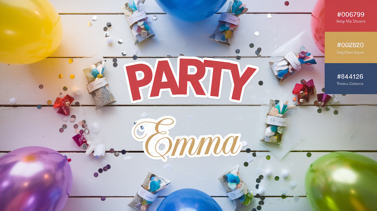 custom name stickers personalization for birthday party favor bags with names on white table with balloons and confetti
