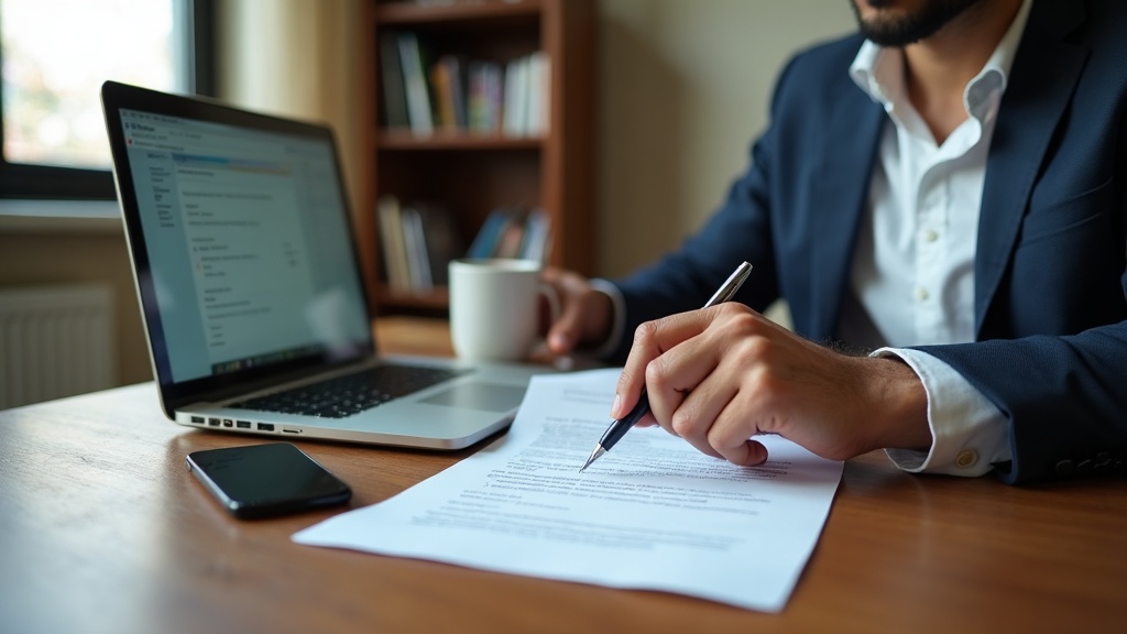 Profissional brasileiro lendo termos de uso de ferramenta de IA no notebook e destacando cláusulas em contrato impresso.
