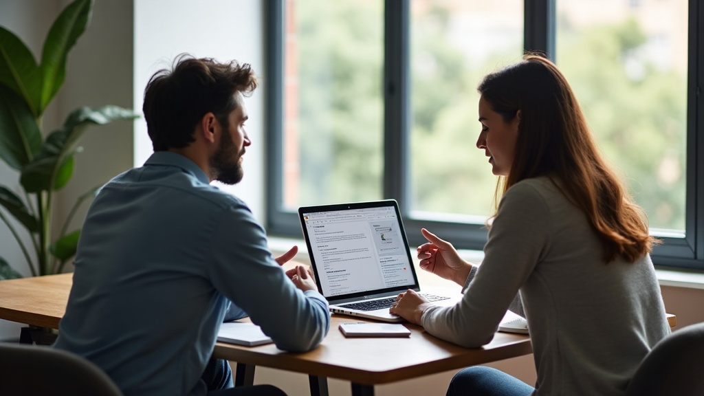 Consultor de marketing e empresária analisando no notebook um artigo para blog criado com IA.
