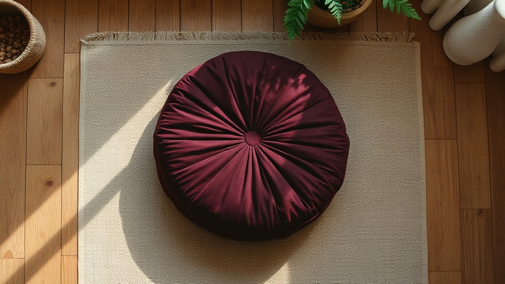 Coussin de méditation zafu rond sur un tapis de pratique, accessoire essentiel pour s'asseoir en position du lotus