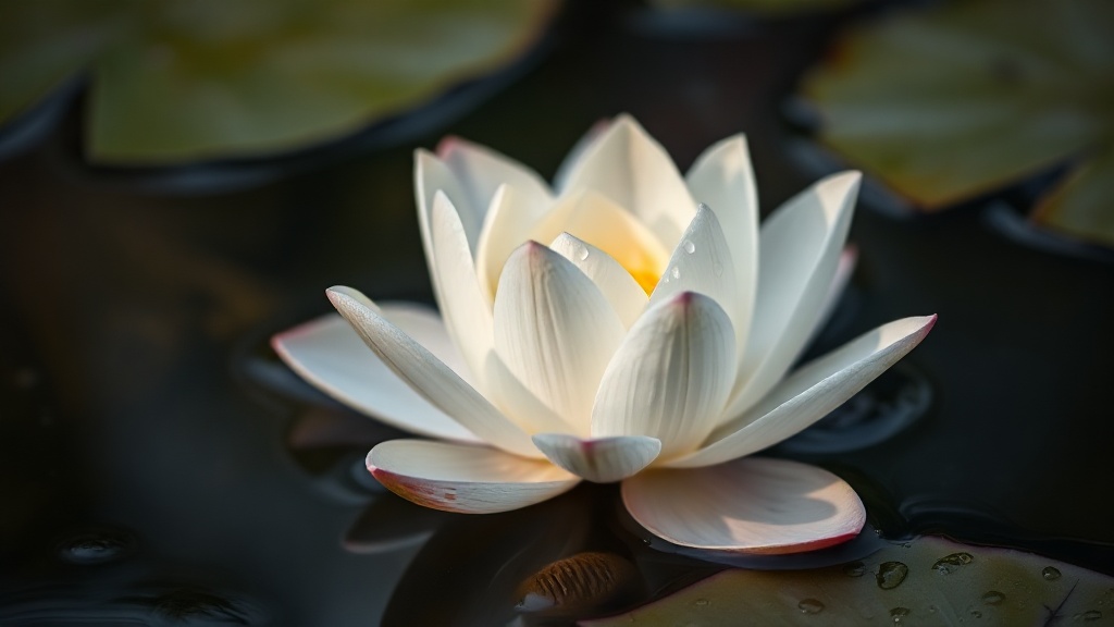 Fleur de lotus blanche s'élevant au-dessus de l'eau, symbole de pureté dans les traditions bouddhiste et hindouiste
